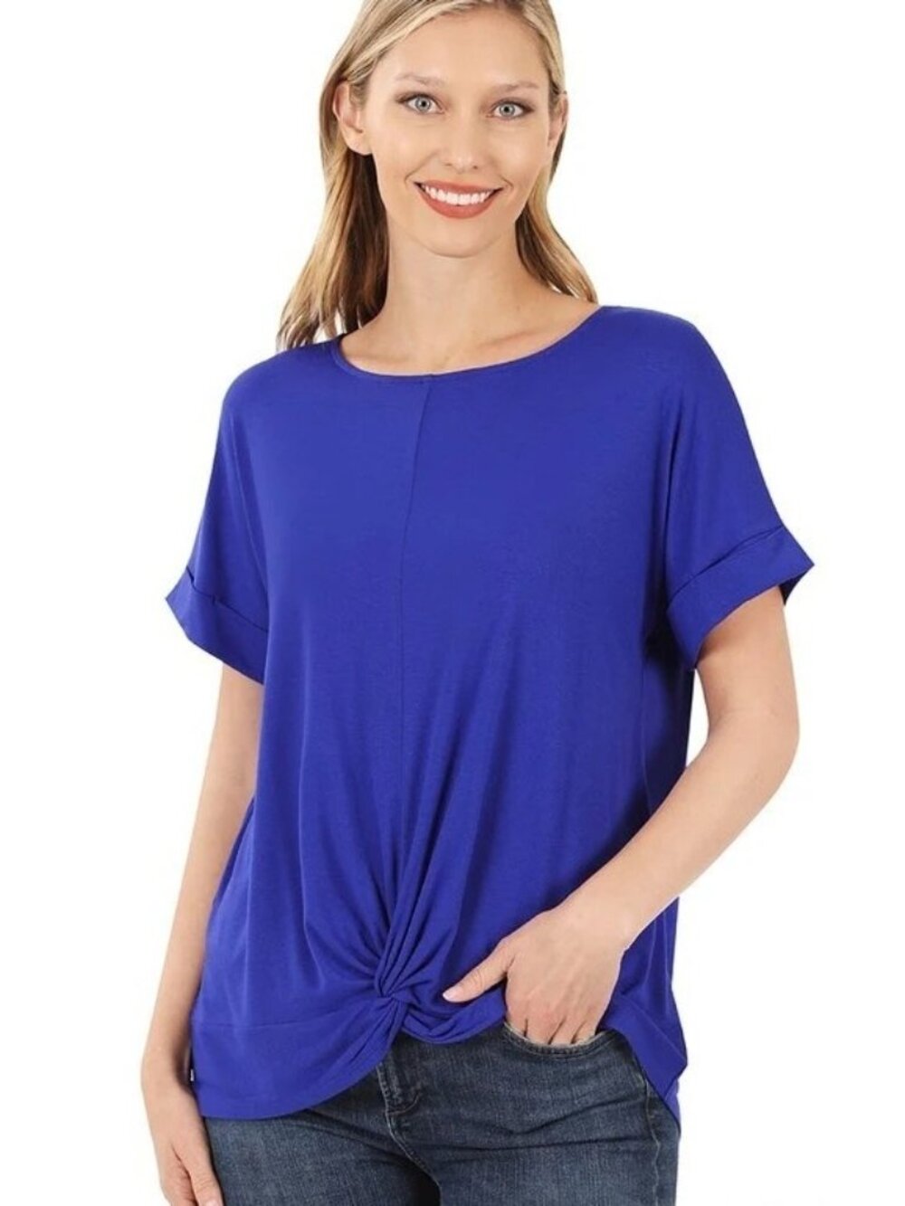 Zenana Top Large Rayon Span Crepe Knot Front Cuffed Sleeve Bright Blue Casual